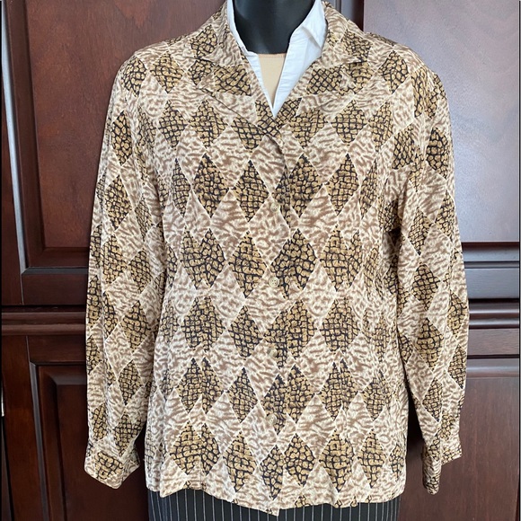 Petite Sophisticate 100% SILK Brown Geo Blouse 4 - Picture 12 of 16
